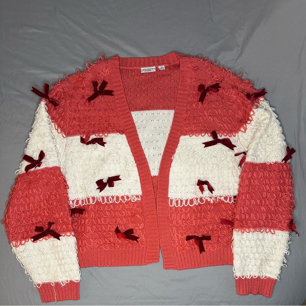 Mighty Fine Vintage Red and White Women's Eyelet Cardigan with Velvet Bows